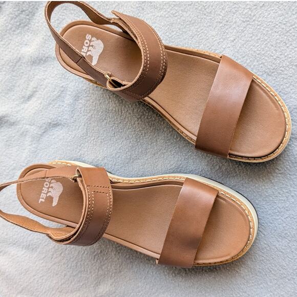 NWOT Sorel Joanie IV Y-Strap Wedge Brown Leather Platform Sandals, size 8 - Picture 2 of 6